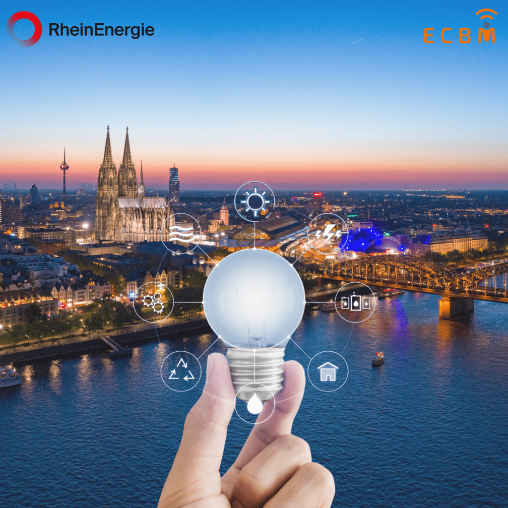 Stadt Köln mit einer Glühbirne als Symbol für Energie